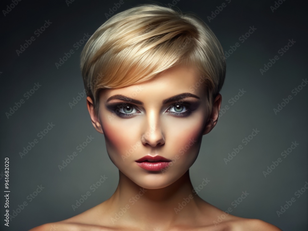 A structured oval face with short, styled hair accentuates its elegant shape, drawing attention to the eyes, A structured oval face with short, styled hair accentuates its elegant shape, drawing attention to the eyes,