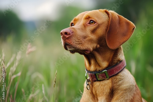 Wallpaper Mural Bird Dog in Grass Field. Attentive and Beautiful Brown Canine with Collar Torontodigital.ca