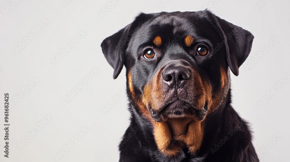 A close-up portrait of a Rottweiler with expressive eyes against a neutral background. A close-up portrait of a Rottweiler with expressive eyes against a neutral background.