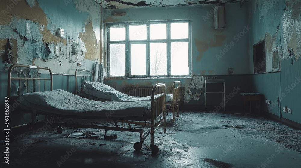 Abandoned Hospital Room: A Haunting Glimpse into the Past Stock Photo