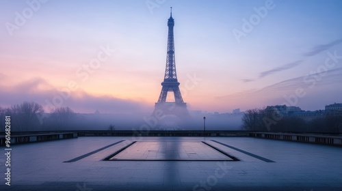 Desolate Eiffel Tower in Paris at dawn with an empty foreground and misty skyline, highlighting its iconic structure