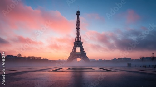 Desolate Eiffel Tower in Paris at dawn with an empty foreground and misty skyline, highlighting its iconic structure