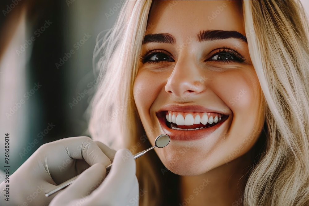 Portrait of a happy patient during a visit to the dentist. The doctor is checking teeth using a dental instrument, ensuring proper oral care and thorough examination in the dentistry clinic, ai Portrait of a happy patient during a visit to the dentist. The doctor is checking teeth using a dental instrument, ensuring proper oral care and thorough examination in the dentistry clinic, ai