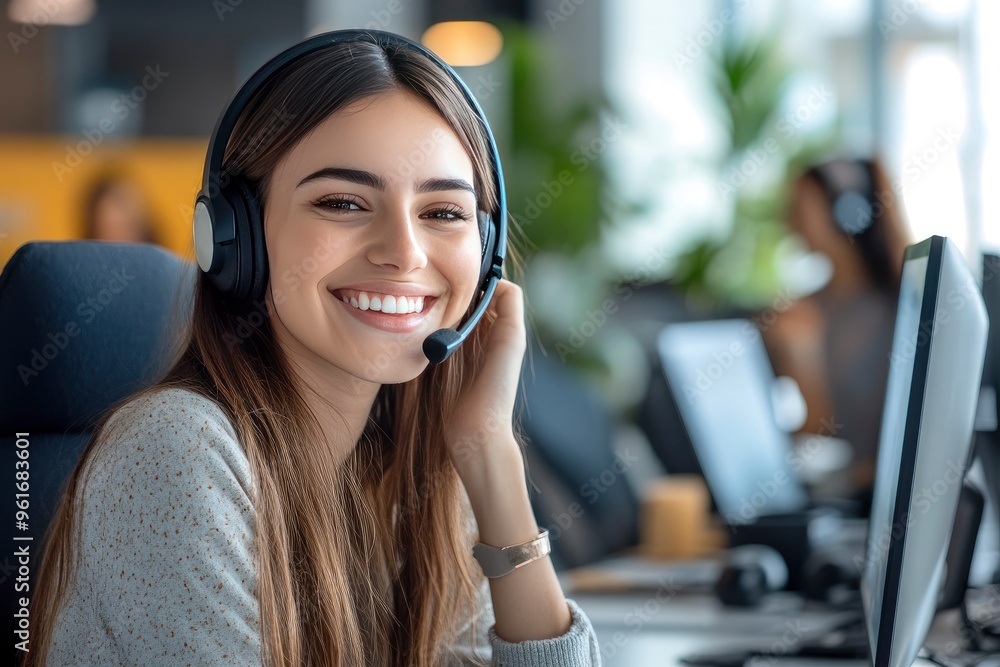 Friendly call center agent ans\wering incoming calls with a headset, providing customer service remotely. Happy woman using her excellent communication skills to resolves customer issues, ai Friendly call center agent ans\wering incoming calls with a headset, providing customer service remotely. Happy woman using her excellent communication skills to resolves customer issues, ai