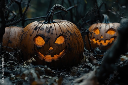 Glowing Jack-o'-Lantern in a Dark Forest photo