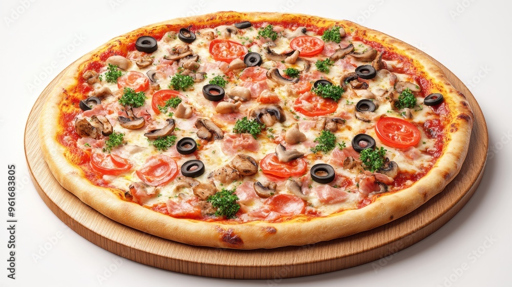 Delectable Italian Pizza with Assorted Toppings on Wooden Board Delectable Italian Pizza with Assorted Toppings on Wooden Board