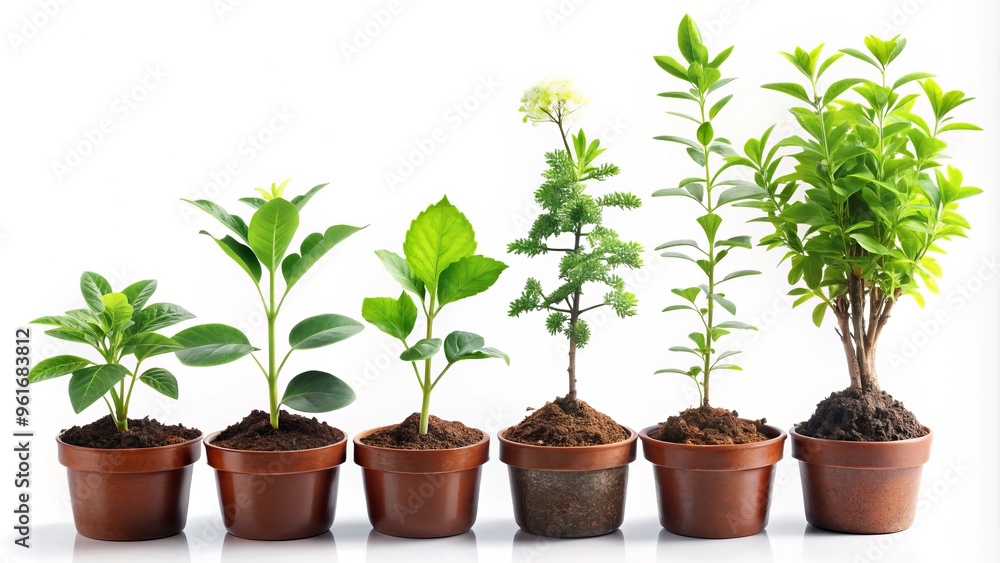 Fototapeta premium A tapestry of plants at various stages of development, from nascent sprouts to thriving flora, illustrates the journey