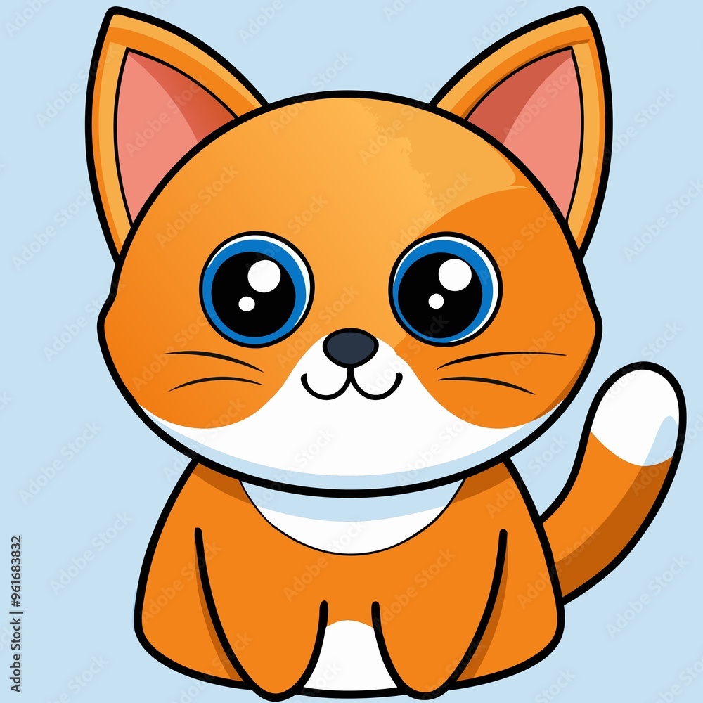 Cute cartoon cat character with big eyes on a light blue background Cute cartoon cat character with big eyes on a light blue background
