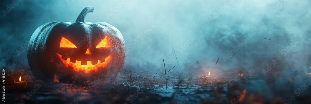Glowing Jack-o'-lantern in a Foggy Forest Glowing Jack-o'-lantern in a Foggy Forest