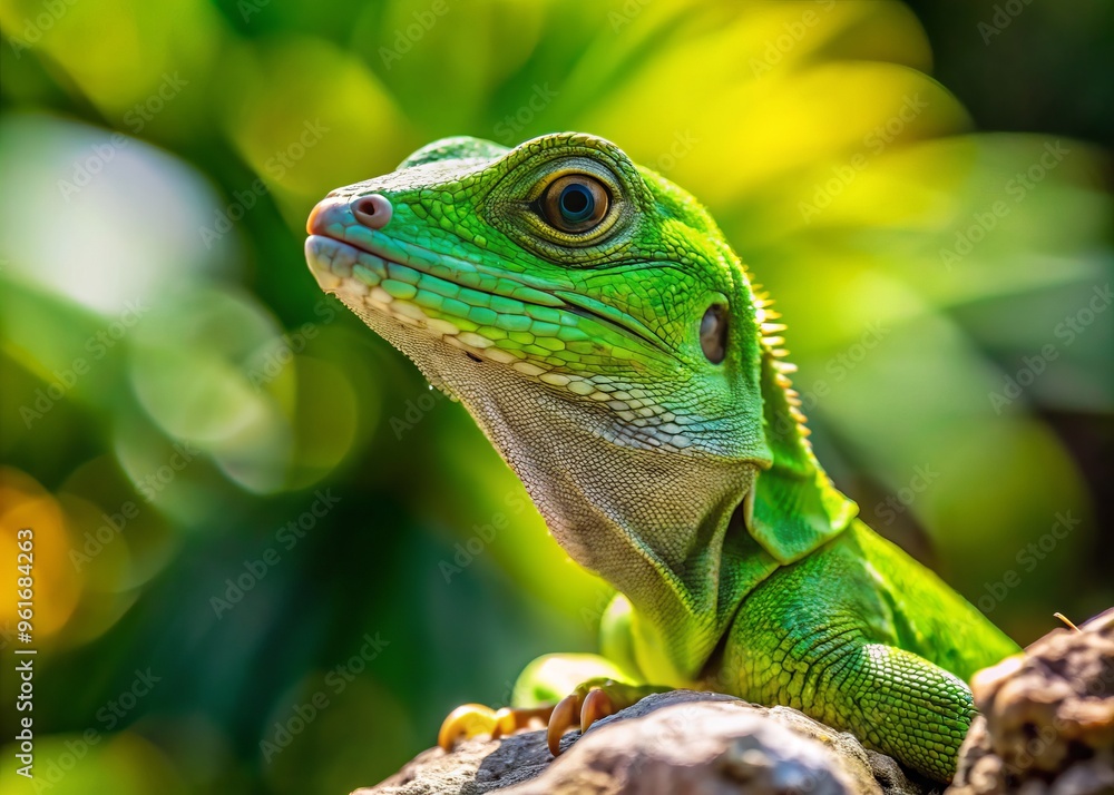 A tiny green lizard basks in the warm sun on a rocky outcropping, its bulging eyes surveying the A tiny green lizard basks in the warm sun on a rocky outcropping, its bulging eyes surveying the