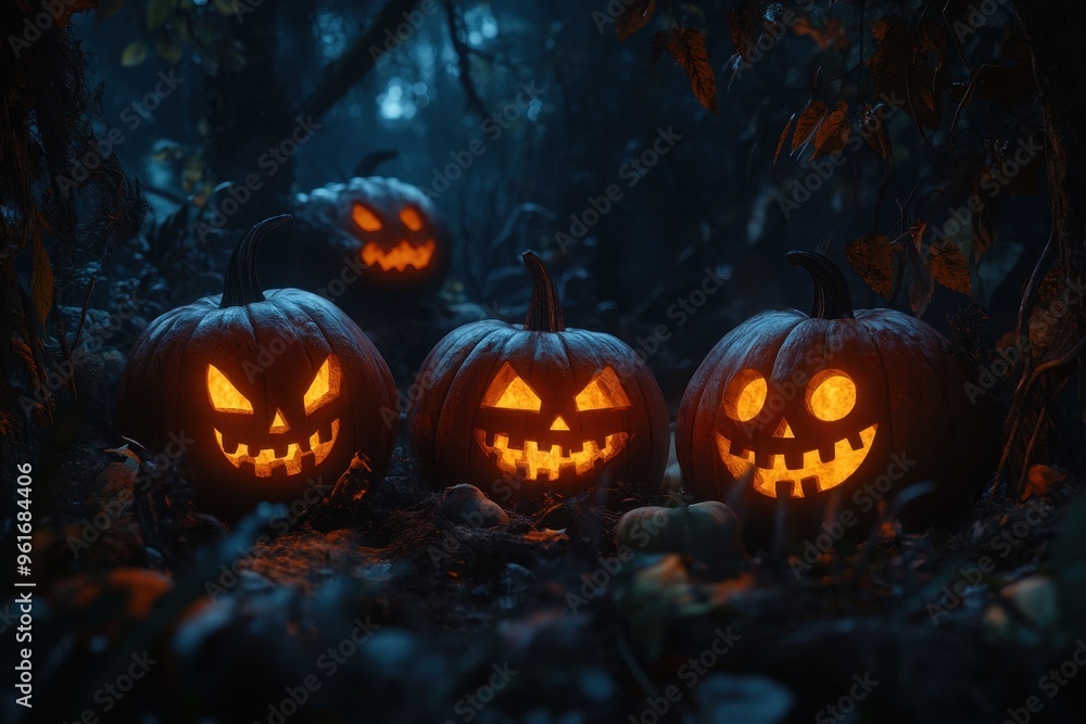 Glowing Jack-O'-Lanterns in a Dark Forest Glowing Jack-O'-Lanterns in a Dark Forest