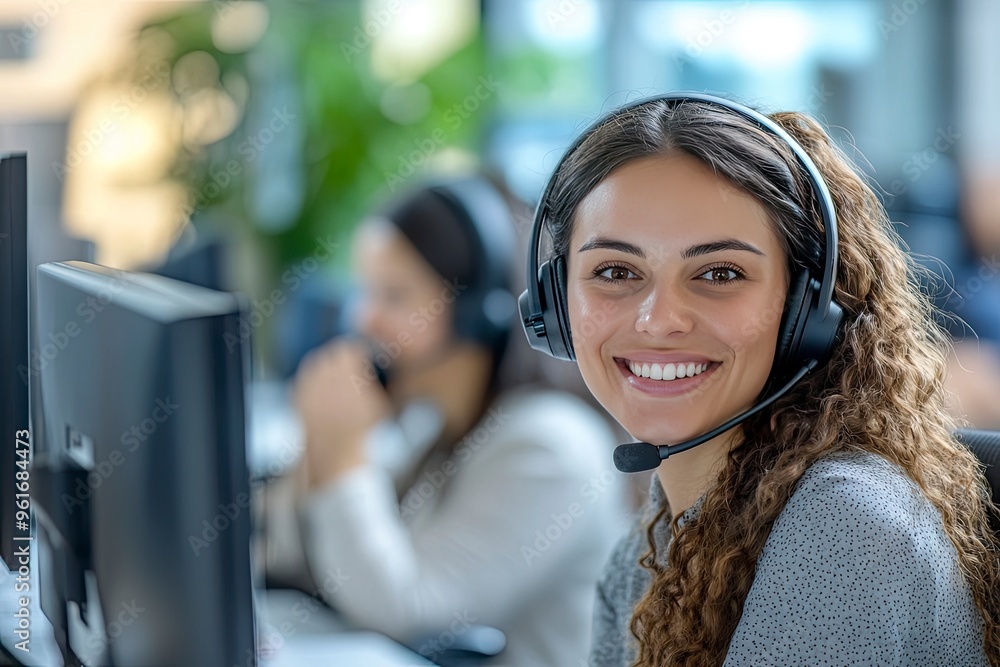 Friendly call center agent ans\wering incoming calls with a headset, providing customer service remotely. Happy woman using her excellent communication skills to resolves customer issues, ai Friendly call center agent ans\wering incoming calls with a headset, providing customer service remotely. Happy woman using her excellent communication skills to resolves customer issues, ai