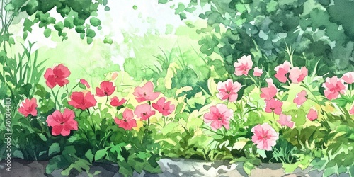 Vibrant Watercolor Floral Scene: Serenity in Nature's Embrace