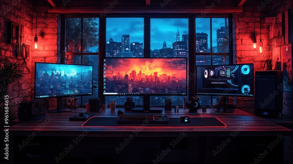 Gaming Setup with Cityscape View Gaming Setup with Cityscape View