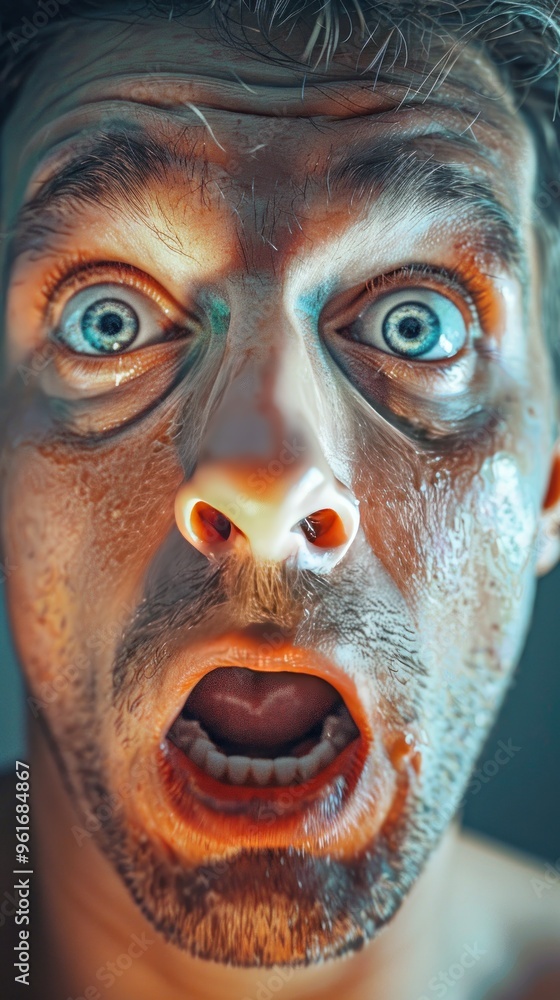 Close-up of a man's face with a shocked expression. Close-up of a man's face with a shocked expression.