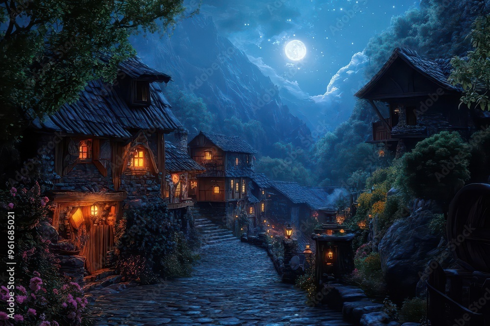 Obraz premium A mountain village illuminated by lanterns and moonlight, with cobblestone streets winding between rustic houses