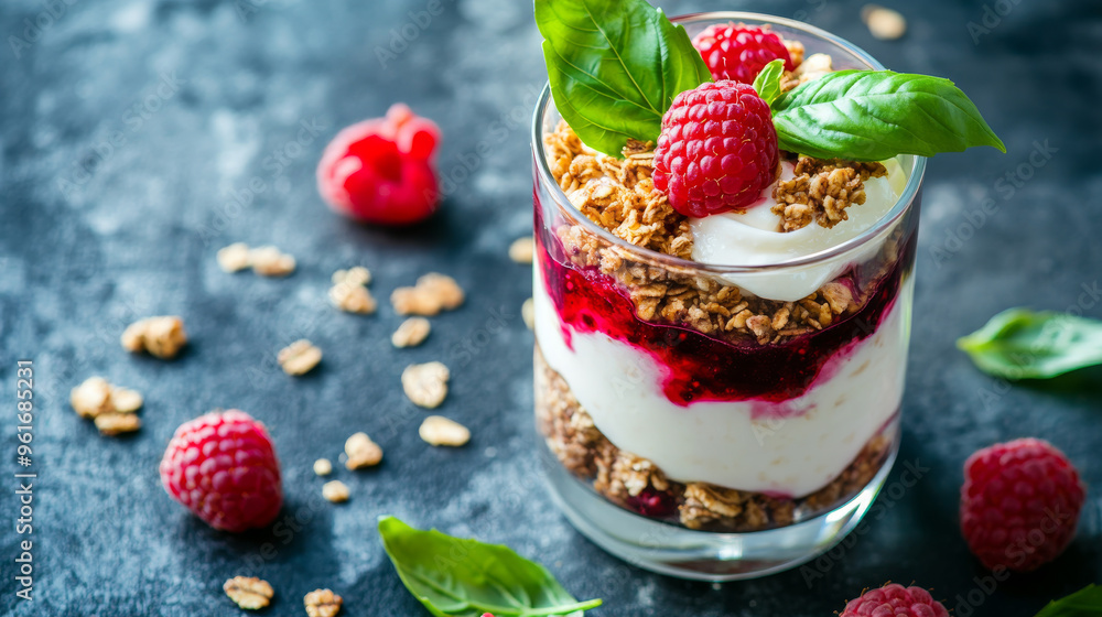 A delicious yogurt parfait in a glass. It has granola, raspberry sauce, fresh raspberries, and basil leaves. It's a healthy and low-carb dessert. A delicious yogurt parfait in a glass. It has granola, raspberry sauce, fresh raspberries, and basil leaves. It's a healthy and low-carb dessert.