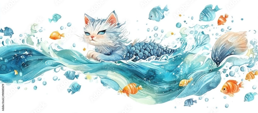 Fototapeta premium Enchanting Feline Merfolk: A Whimsical Underwater Journey Through Colorful Waters