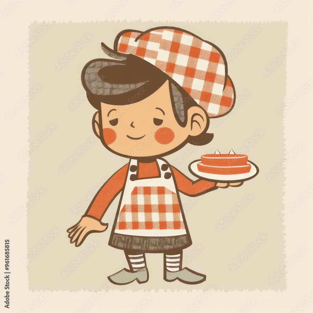 Retro cartoon girl in checkered apron holding a cake. Retro cartoon girl in checkered apron holding a cake.