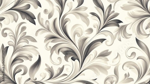 Elegant vector pattern of swirling floral elements and leaves, set in a soft, monochromatic color scheme for a sophisticated look photo