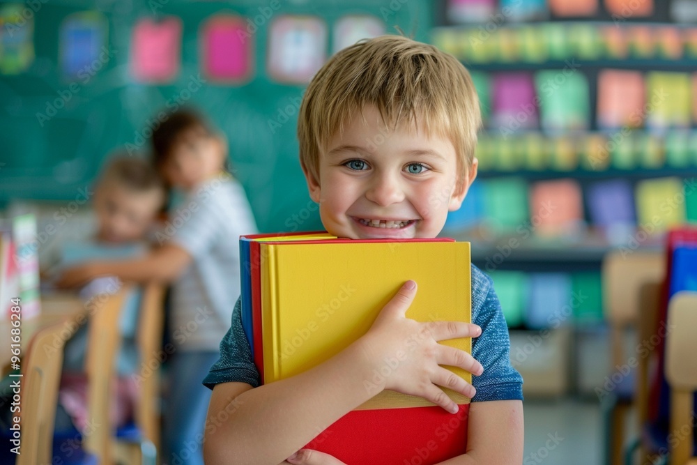 Joyful child leaning pile of colorful books full of happiness. Cute child smiling brightly surrounded colorful books class. Innocence and joy of childhood. Joyful child leaning pile of colorful books full of happiness. Cute child smiling brightly surrounded colorful books class. Innocence and joy of childhood.