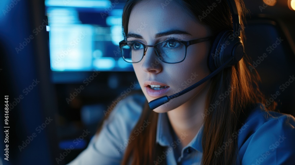 Woman with Headphones Focused on Computer in Office Environment Woman with Headphones Focused on Computer in Office Environment