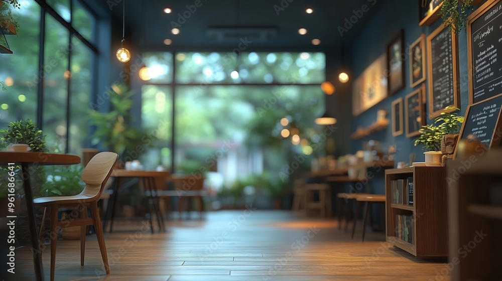 Cozy café interior with wooden furnishings and greenery, showcasing a tranquil ambiance during the daytime Cozy café interior with wooden furnishings and greenery, showcasing a tranquil ambiance during the daytime