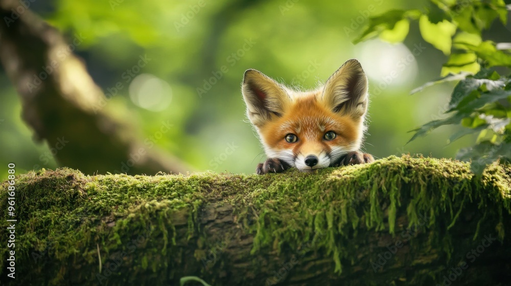 Cute young fox peeking out from behind a mossy log in a lush green forest, its curious eyes watching the world with playful energy Cute young fox peeking out from behind a mossy log in a lush green forest, its curious eyes watching the world with playful energy