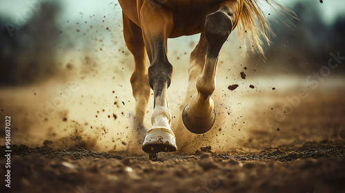 Closeup of a powerful horse galloping hooves kicking up dirt and dust on a muddy track equine's legs and fetlocks in motion, brown stallion runs through a countryside rural farm field showing strength photo