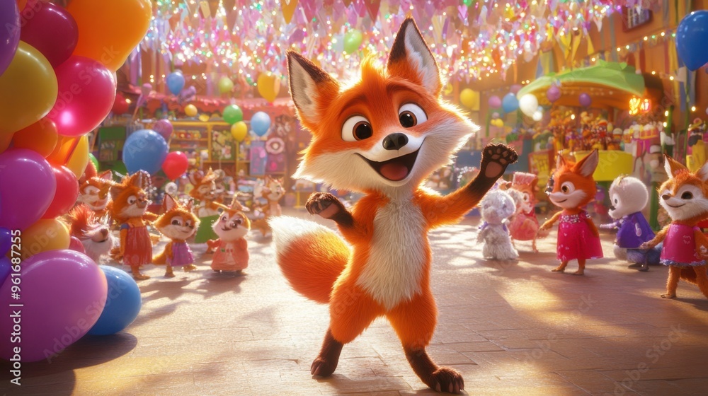 Fototapeta premium Playful cartoon fox dancing with a group of animated woodland creatures at a bright, festive carnival, surrounded by balloons, candy, and games