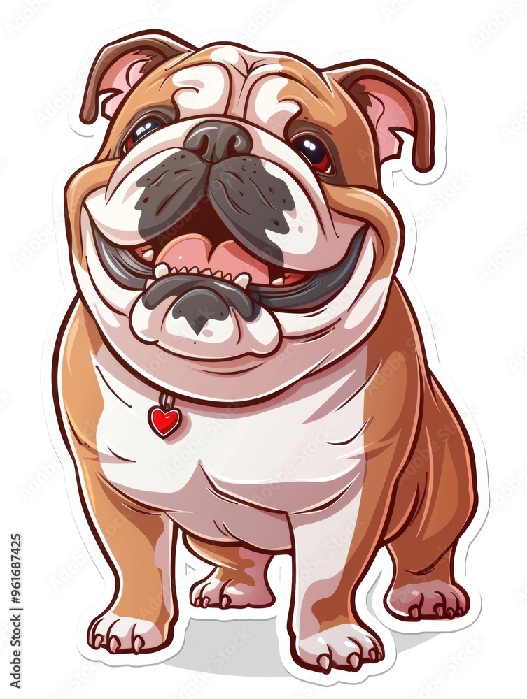 Obraz premium Cartoon bulldog with a red heart on its collar, smiling.