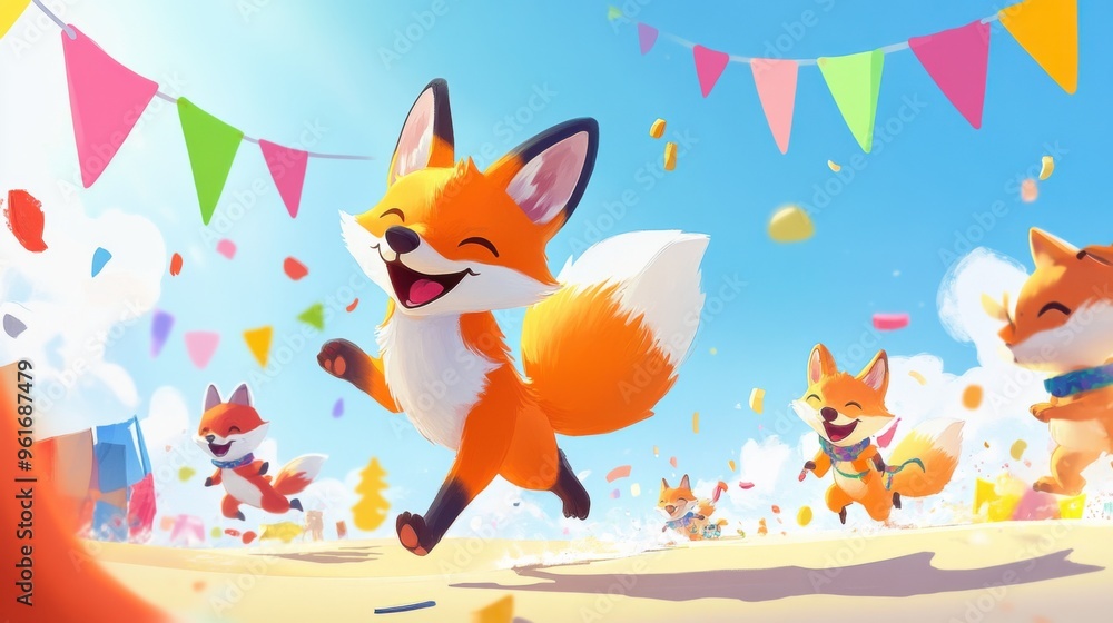 Playful cartoon fox participating in a race, running alongside other cute animals, with colorful flags and banners waving in the breeze on a bright, sunny day Playful cartoon fox participating in a race, running alongside other cute animals, with colorful flags and banners waving in the breeze on a bright, sunny day