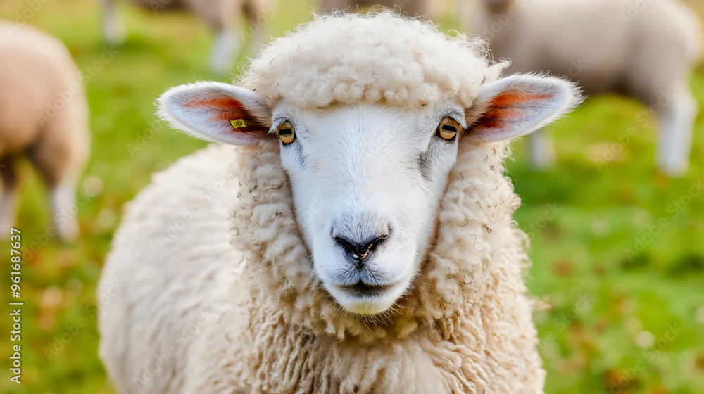 Closeup portrait of a sheep with reddish white fleece in a pasture rural field, surrounded by a flock or herd, domestic livestock animal, husbandry farming and agriculture, countryside life, herbivore Closeup portrait of a sheep with reddish white fleece in a pasture rural field, surrounded by a flock or herd, domestic livestock animal, husbandry farming and agriculture, countryside life, herbivore