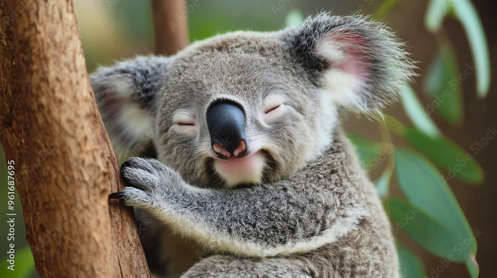 Naklejka premium Small cute sleepy koala bear is sleeping on a tree, resting and perched on a eucalyptus branch, relaxing in the jungle forest, nature wilderness, Australian wildlife animal, an adorable lazy mammal