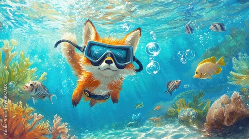 Silly cartoon fox wearing a scuba mask, diving underwater in a playful, tropical ocean scene, swimming with friendly fish and blowing bubbles