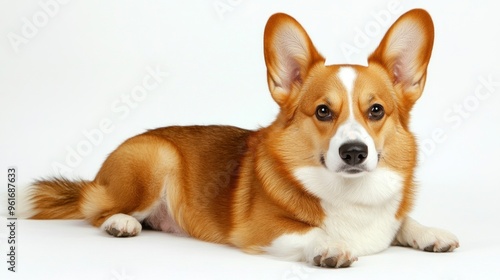 A corgi lying down with a relaxed expression on a white background.