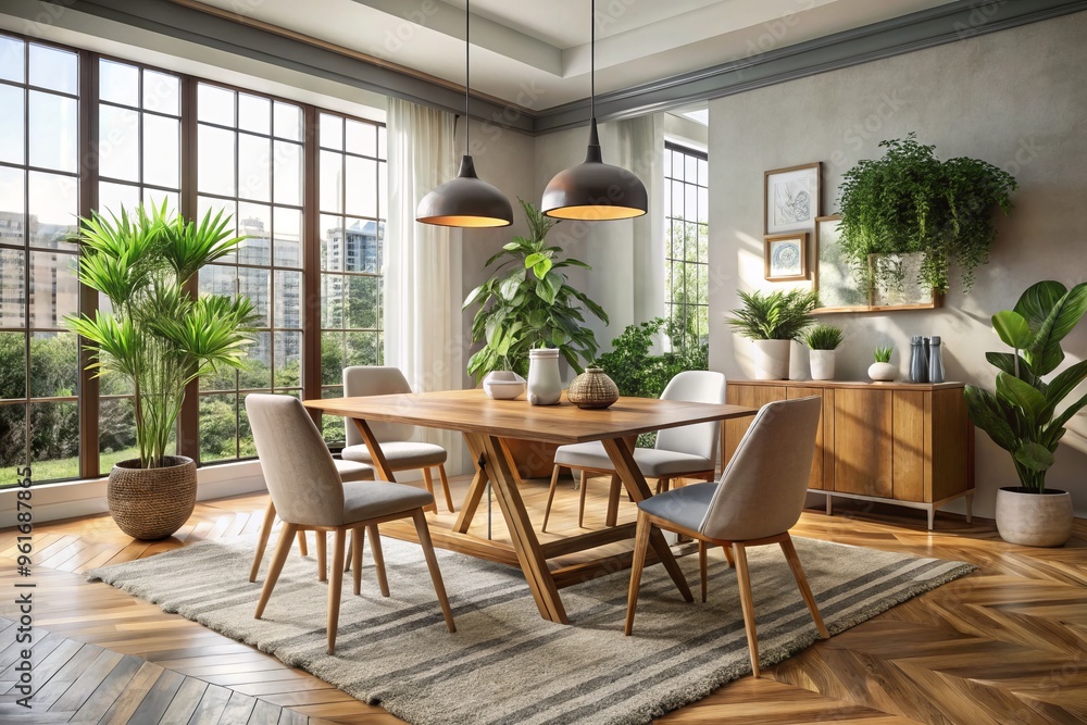 A warm and inviting modern dining space features a beautifully worn wooden Pier One table, complemented by a A warm and inviting modern dining space features a beautifully worn wooden Pier One table, complemented by a
