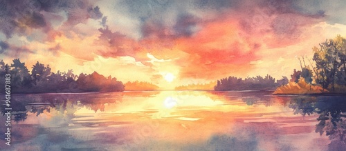 Tranquil Sunset Reflection Over a Serene River Landscape: A Watercolor Delight