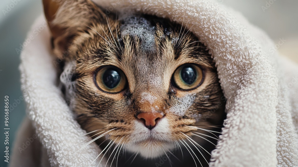 Adorable Domestic Cat Cuddled in Soft Blanket Close up Portrait Adorable Domestic Cat Cuddled in Soft Blanket Close up Portrait
