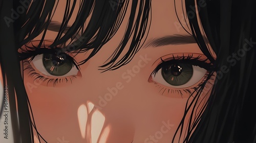 A close-up of an anime character’s face with a soft, neutral background. photo