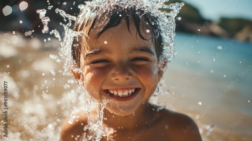 Obraz premium Joyful Boy Splashing in Water on Summer Beach Vacation