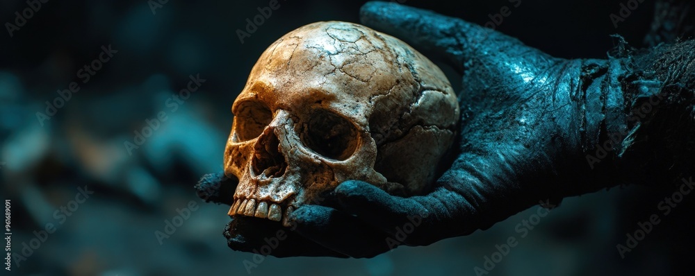 A hand, covered in a dark glove, lightly rests on the side of a cracked skull, the bone illuminated by clean lighting. A hand, covered in a dark glove, lightly rests on the side of a cracked skull, the bone illuminated by clean lighting.