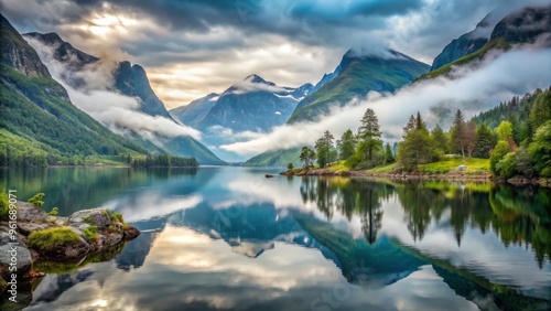 Fjord lake reflection serene peacefulness Scandinavian wilderness calm mood somber color palette misty atmosphere contemplative inspiration harmony