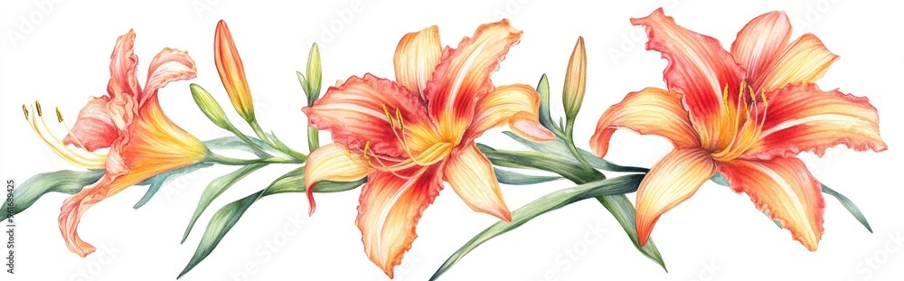 Fototapeta premium Vibrant Daylilies: A Captivating Watercolor Floral Illustration for Nature Lovers