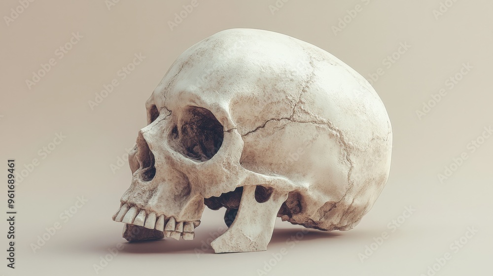 Ultra-realistic skull sculpted in 3D, showing signs of age and decay, placed on a soft beige background Ultra-realistic skull sculpted in 3D, showing signs of age and decay, placed on a soft beige background