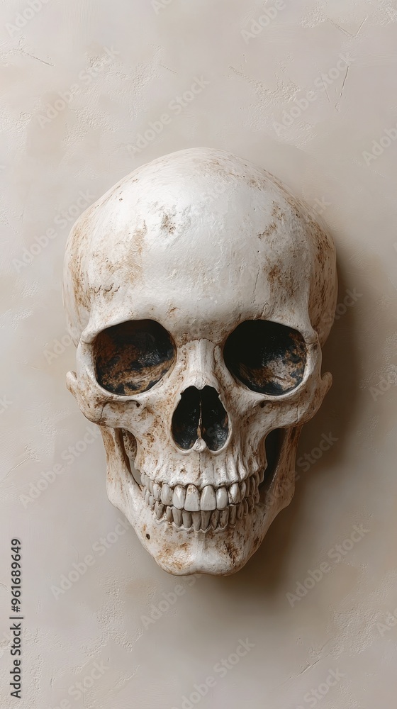Obraz premium Ultra-realistic skull rendered in 3D, capturing detailed bone wear and decay, on a soft beige background