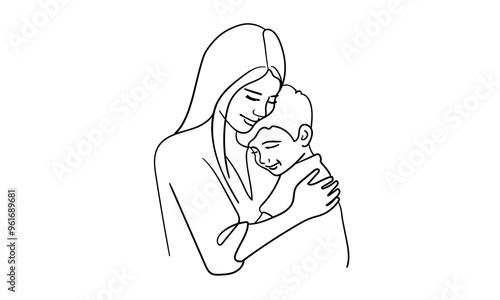 Mother hugs child continuous line art drawing isolated on white background. Mom and son. Vector illustration	
