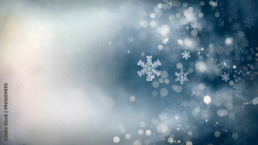 Obraz premium Frosty Winter Background with Soft Bokeh Lights and Delicate Snowflakes Floating in a Cool, Dreamy Atmosphere