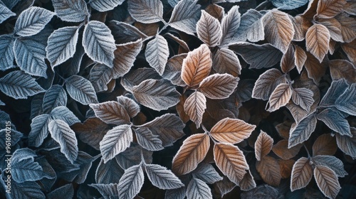 Frosty leaves on a cold winter morning, capturing the delicate beauty of the season. photo