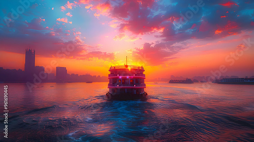 Sunset Cityscape with Boat Illustration photo